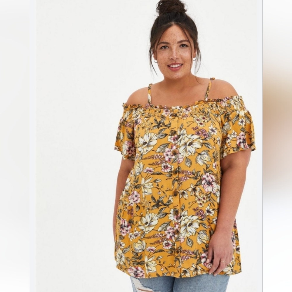 Torrid Floral Crepe Smocked Cold Shoulder Top
